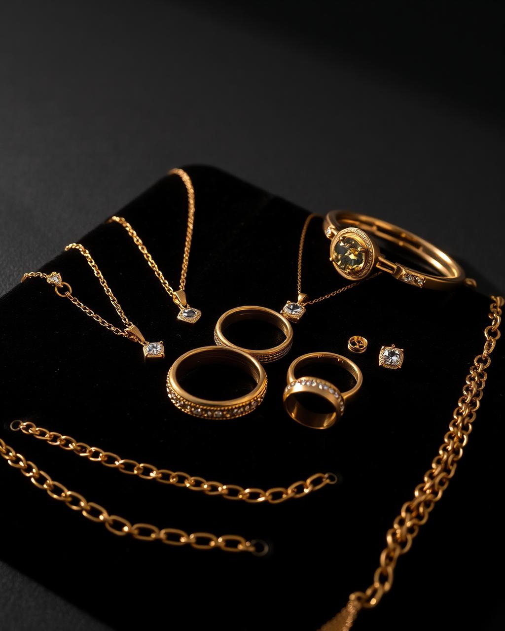 Elegant gold jewelry collection on black velvet